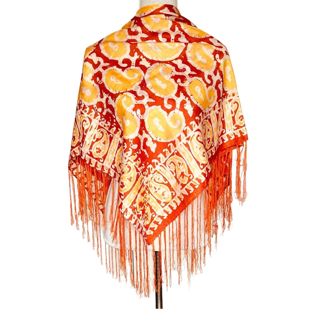 Silk Orange And Yellow Print Fringe Shawl Scarf 40" Square